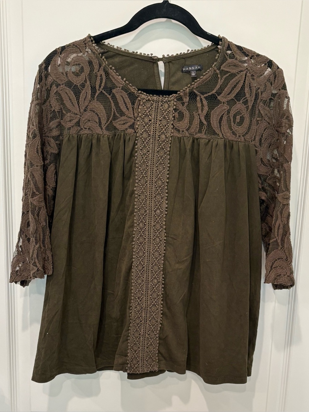 Hannah Olive Green Lace Crochet Boho Babydoll Blouse Top - Size L
